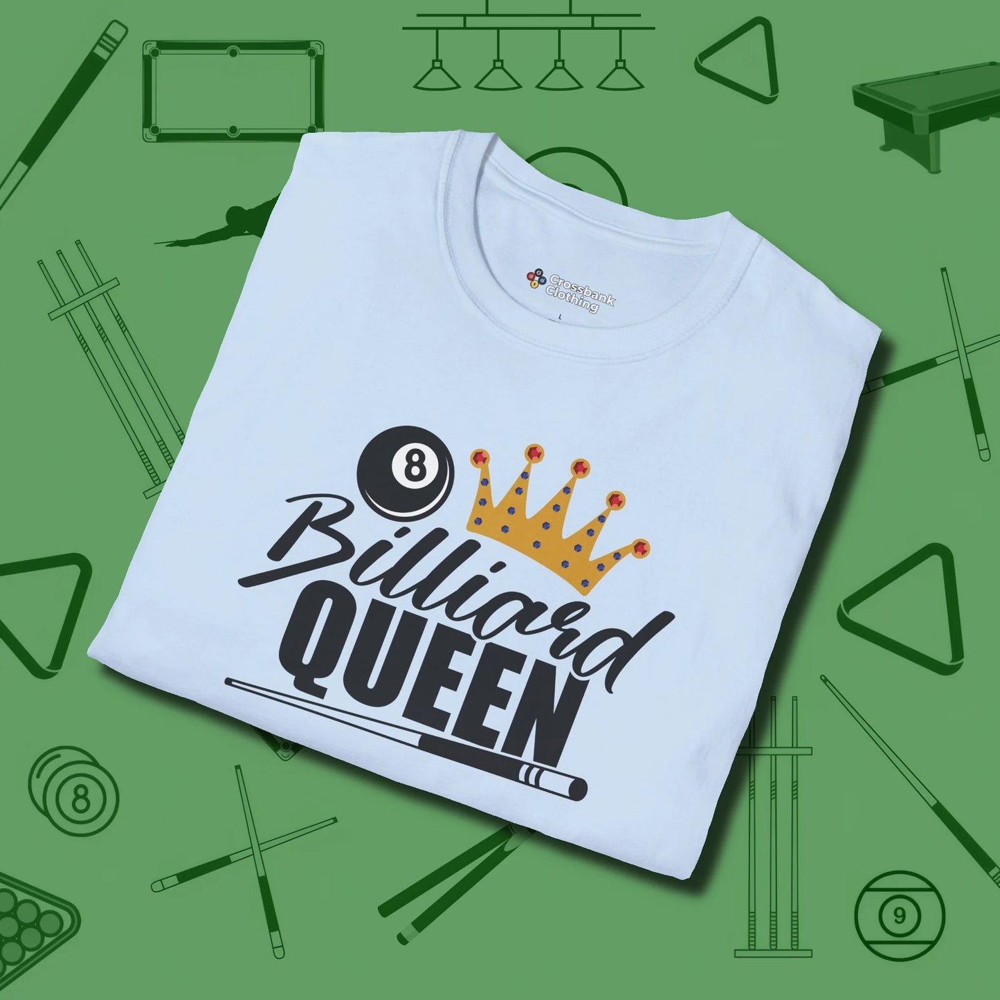 Billiard Queen T-Shirt, folded view, in Light Blue classic cue style, no gimmicks