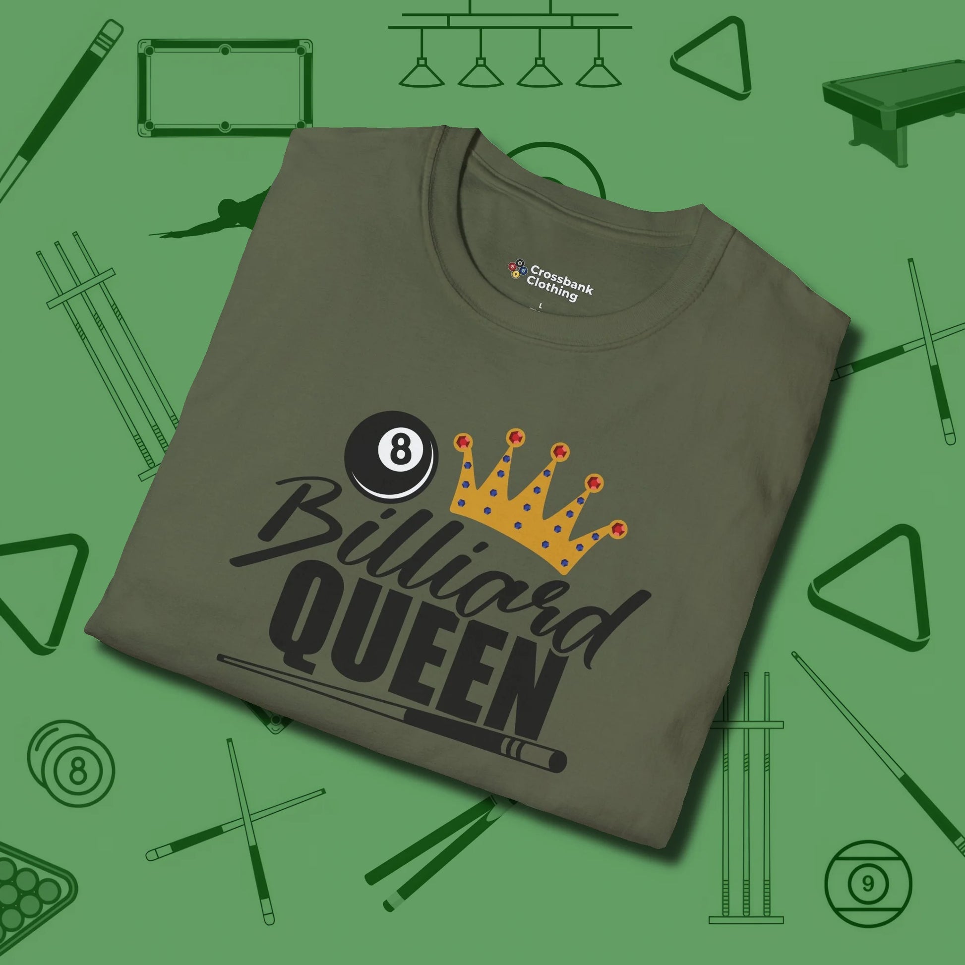 Billiard Queen T-Shirt, folded view, in Military Green classic cue style, no gimmicks