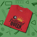 Billiard Queen T-Shirt, folded view, in Red play in style, win in silence