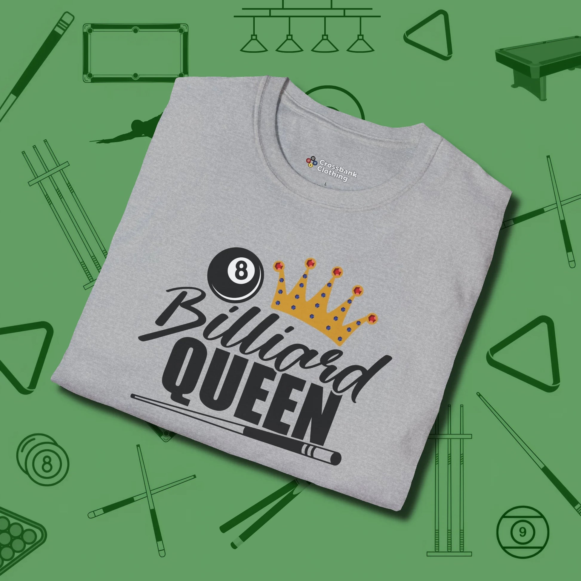 Billiard Queen T-Shirt, folded view, in Sport Grey stitched for cue discipline and cool confidence
