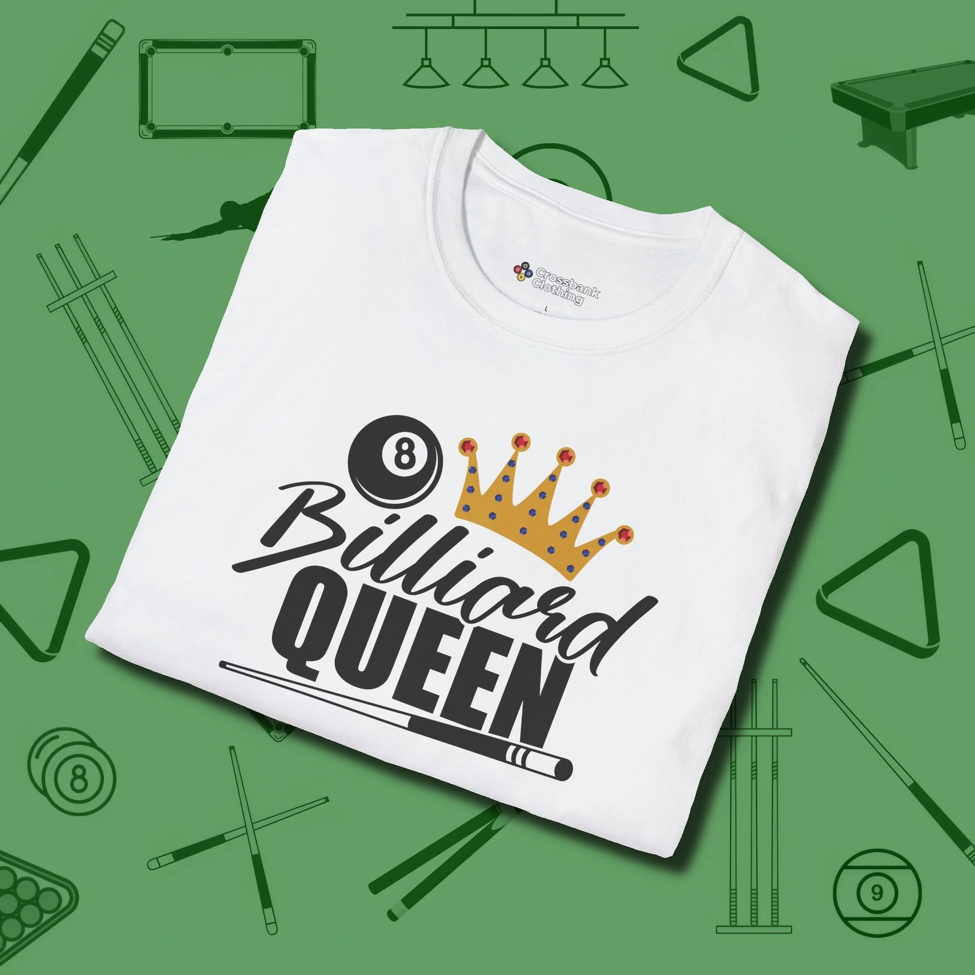 Billiard Queen T-Shirt, folded view, in White strike fear with swagger and precision