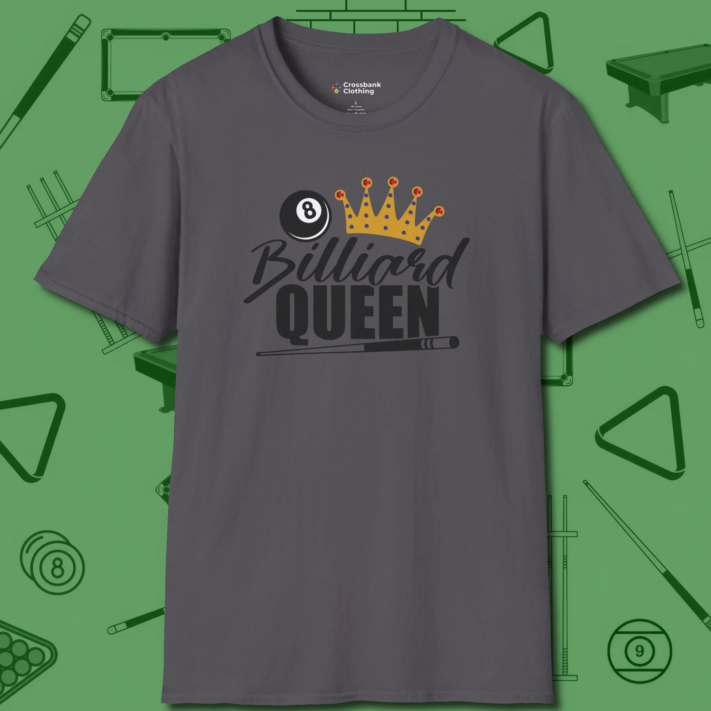 Billiard Queen T-Shirt, front view, in Charcoal perfect for players with quiet fire