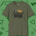 Billiard Queen T-Shirt, front view, in Military Green stitched for cue discipline and cool confidence