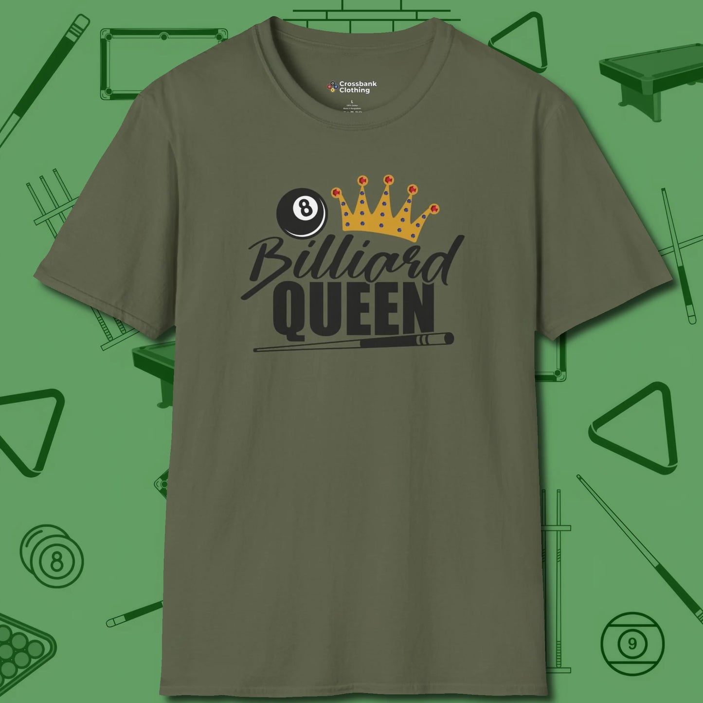 Billiard Queen T-Shirt, front view, in Military Green stitched for cue discipline and cool confidence
