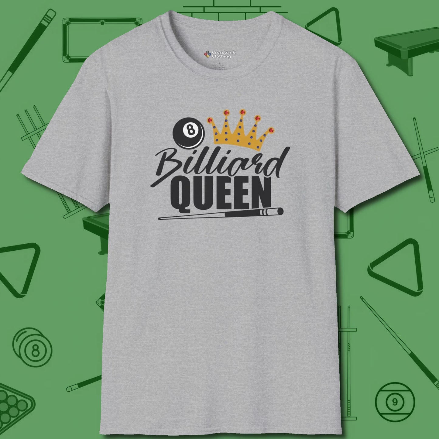 Billiard Queen T-Shirt, front view, in Sport Grey helps your stroke and your style