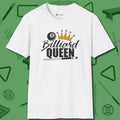 Billiard Queen T-Shirt, front view, in White the shirt that plays position