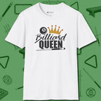Billiard Queen T-Shirt, front view, in White the shirt that plays position