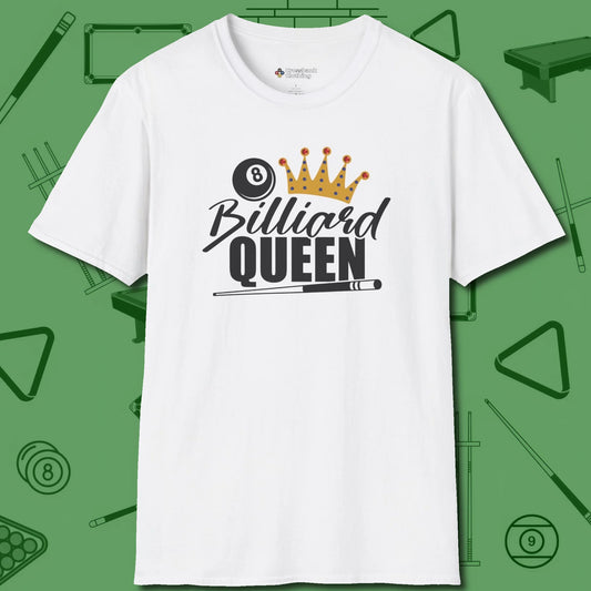 Billiard Queen T-Shirt, front view, in White the shirt that plays position