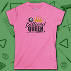 Billiard Queen Women's Cut Tee, in Azalea color, billiards shirt, front view