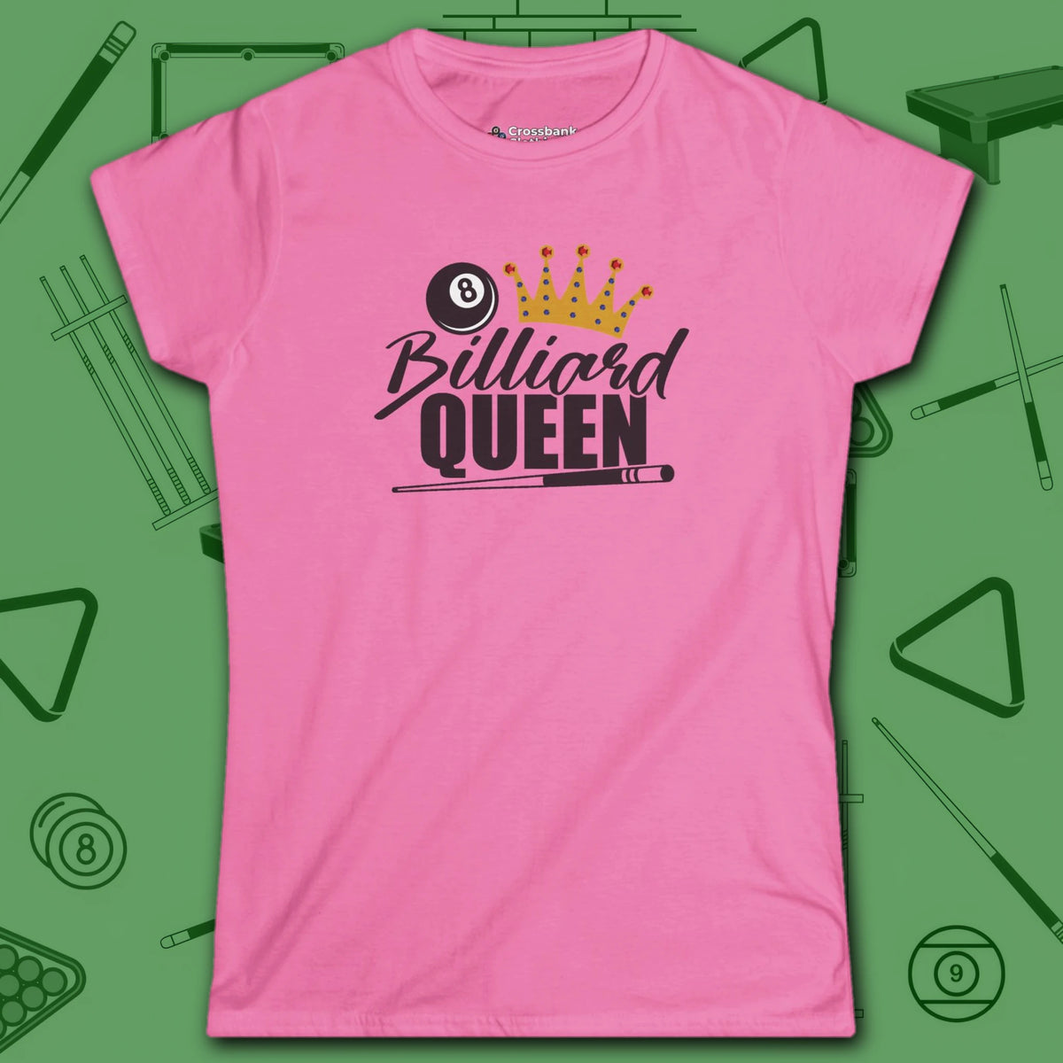 Billiard Queen Women's Cut Tee, in Azalea color, billiards shirt, front view