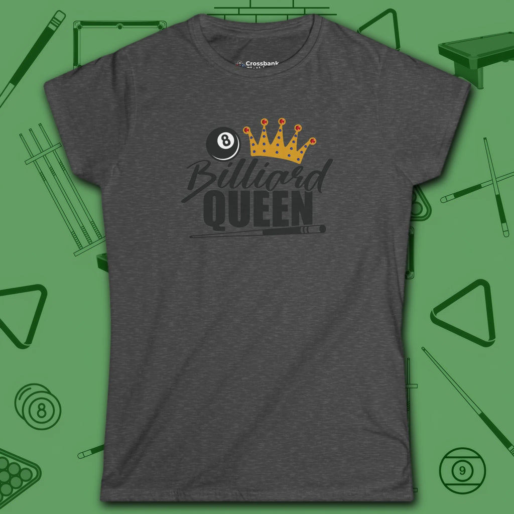 Billiard Queen Women's Cut Tee, in Dark Heather color, billiards shirt, front view