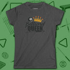 Billiard Queen Women's Cut Tee, in Dark Heather color, billiards shirt, front view