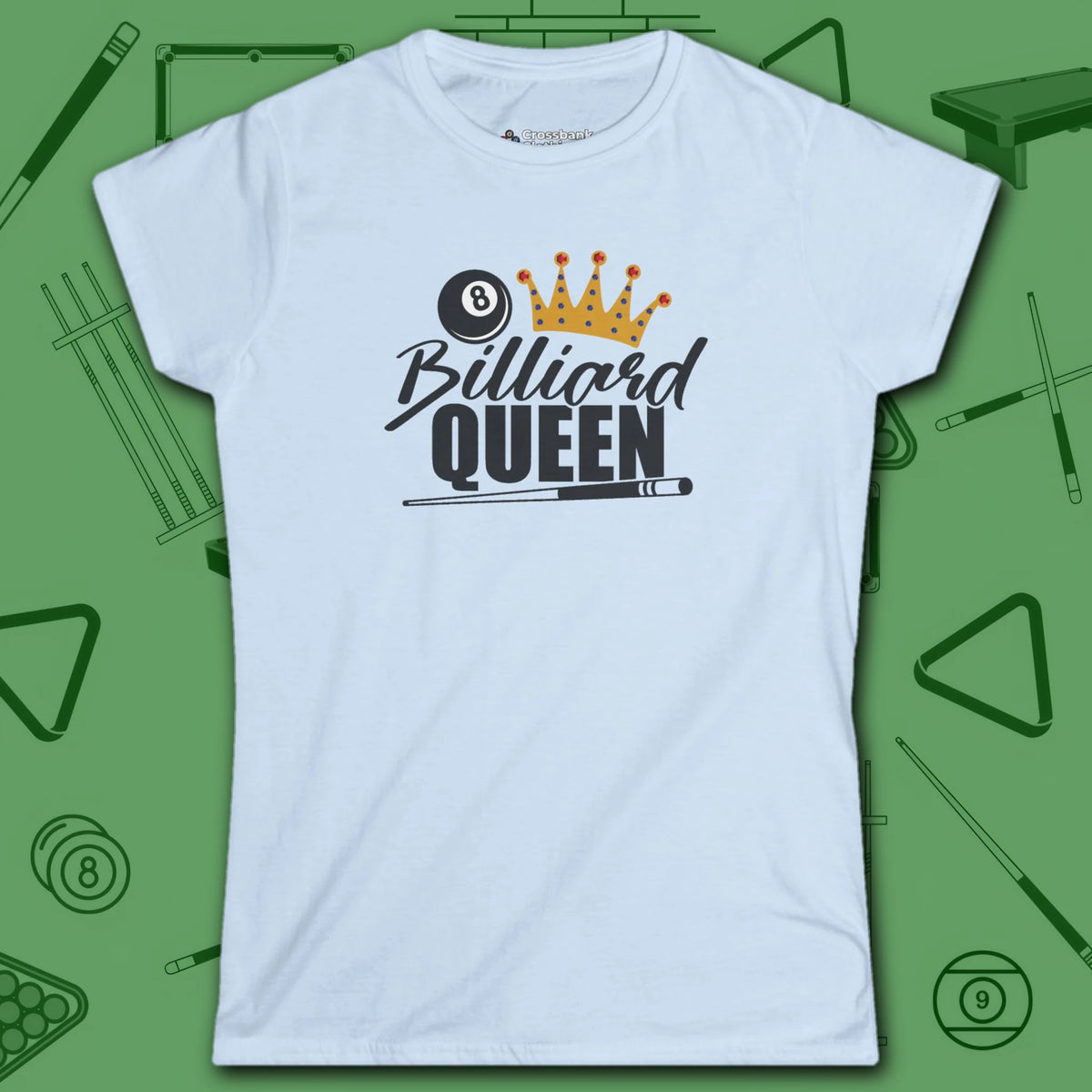 Billiard Queen Women's Cut Tee, in Light Blue color, billiards shirt, front view