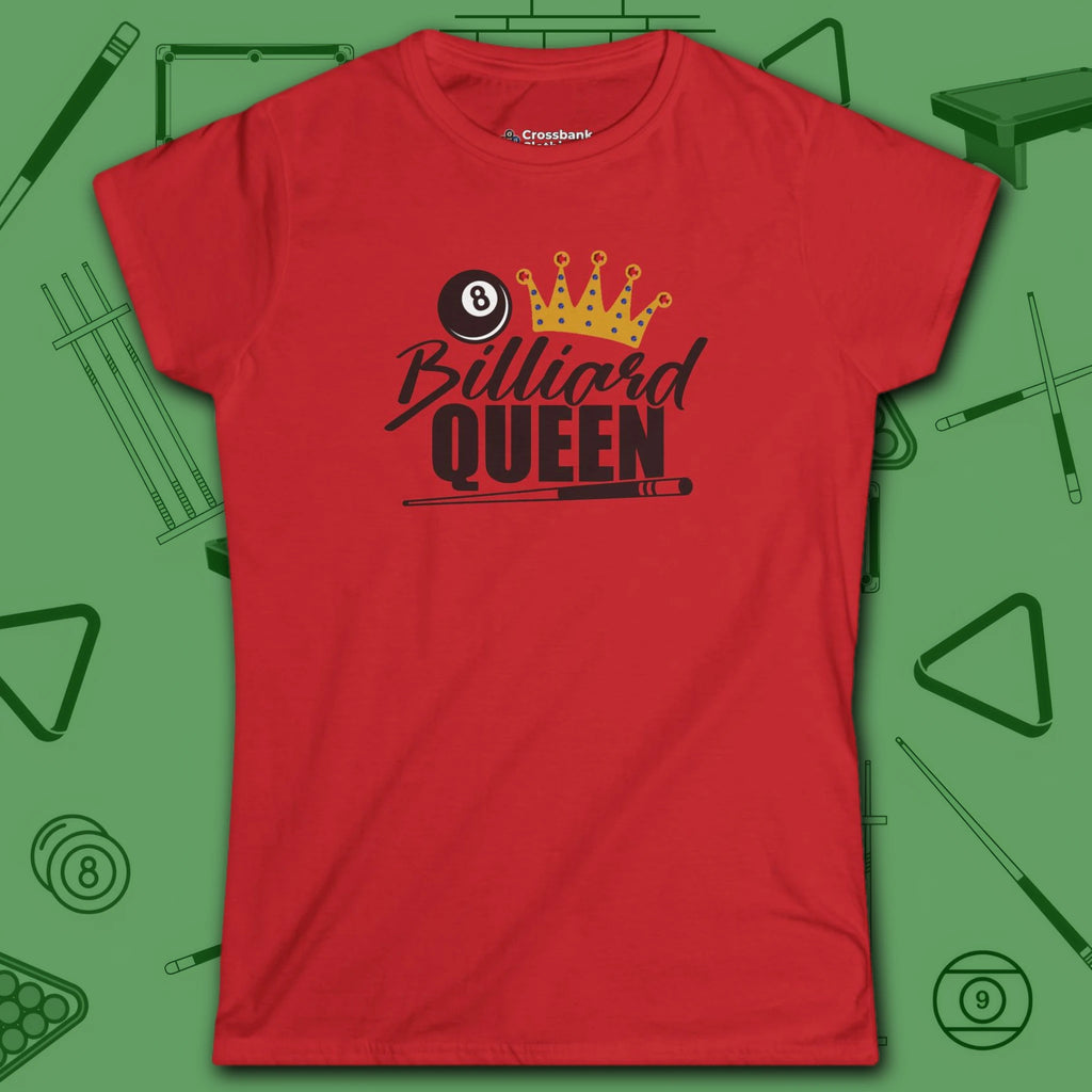 Billiard Queen Women's Cut Tee, in Red color, billiards shirt, front view