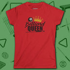 Billiard Queen Women's Cut Tee, in Red color, billiards shirt, front view