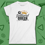 Billiard Queen Women's Cut Tee, in White color, billiards shirt, front view