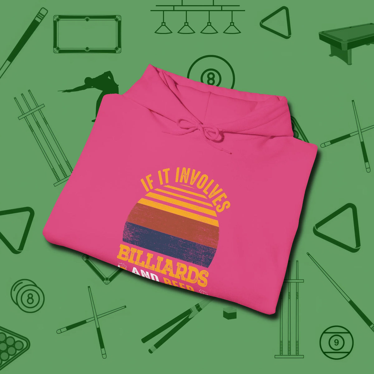 Billiards and Beer Hoodie, folded view, in Heliconia tough like your favorite break cue