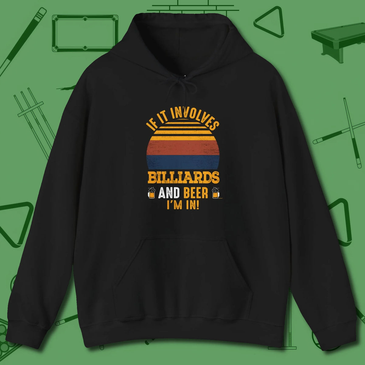 Billiards and Beer Hoodie, front view, in Black an extension of your pool persona