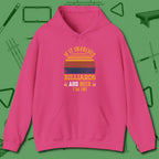 Billiards and Beer Hoodie, front view, in Heliconia classic cue style, no gimmicks