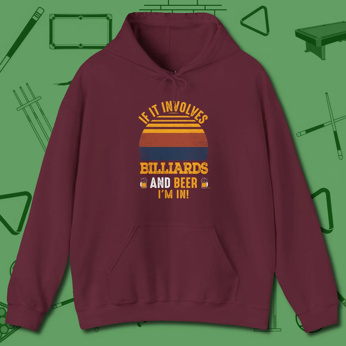 Billiards and Beer Hoodie, front view, in Maroon subtle drip for serious shooters