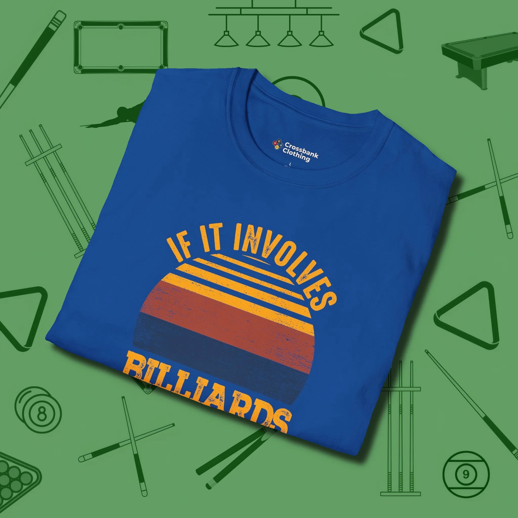 Billiards and Beer T-Shirt, folded view, in Royal classic cue style, no gimmicks