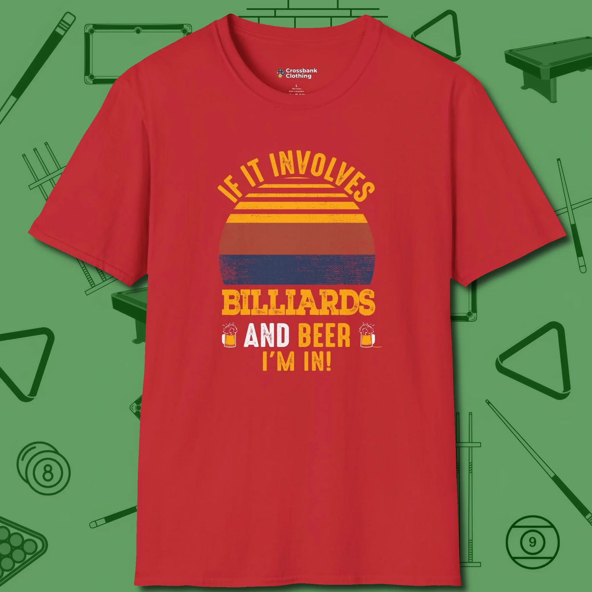 Billiards and Beer T-Shirt, front view, in Red where style and cue discipline collide