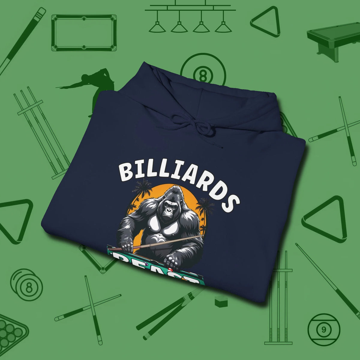 Billiards Beast Hoodie, folded view, in Navy precise, confident, always in control