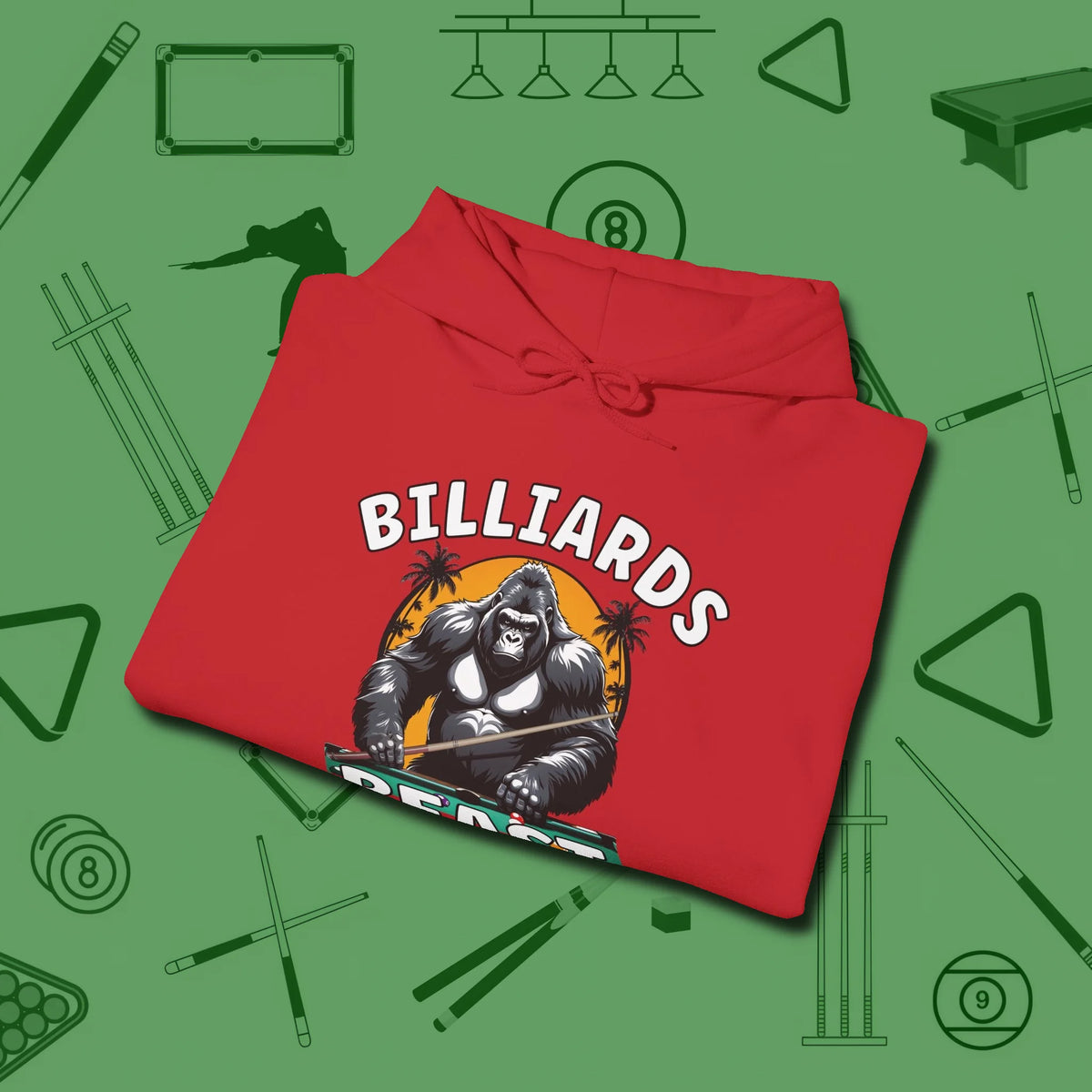 Billiards Beast Hoodie, folded view, in Red because you don’t just play — you represent