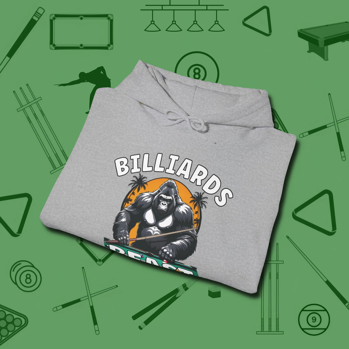 Billiards Beast Hoodie, folded view, in Sport Grey classic cue style, no gimmicks
