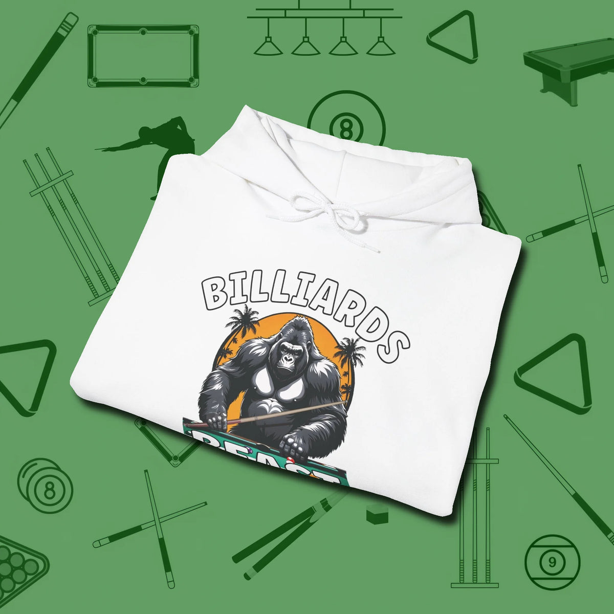 Billiards Beast Hoodie, folded view, in White dress for the shot you want to take