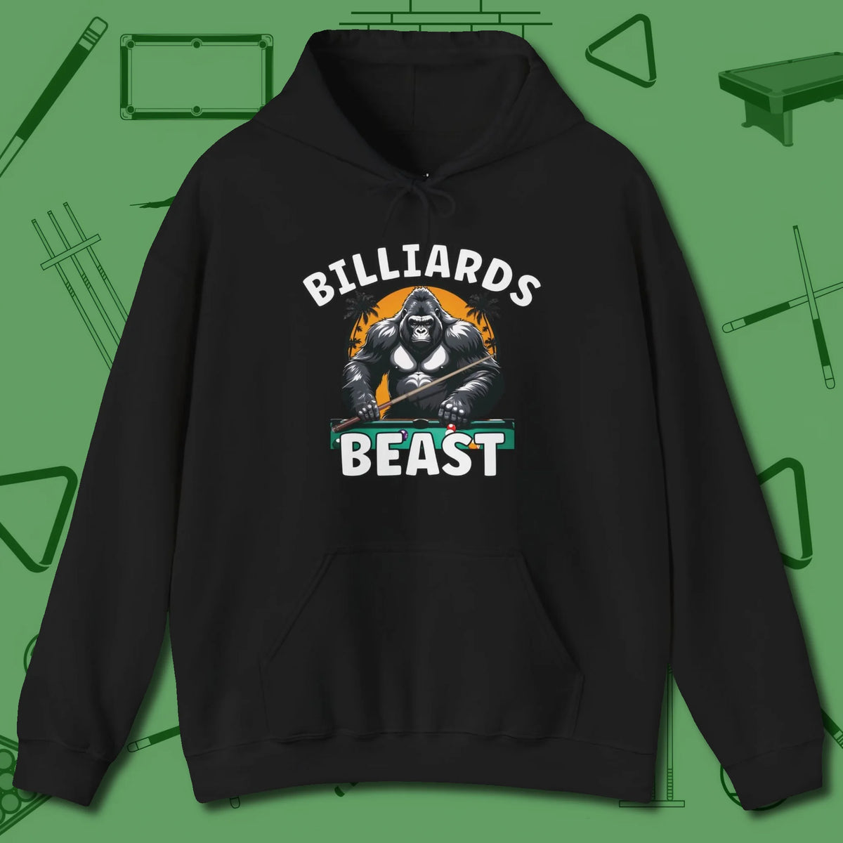 Billiards Beast Hoodie, front view, in Black break, run out, turn heads — repeat