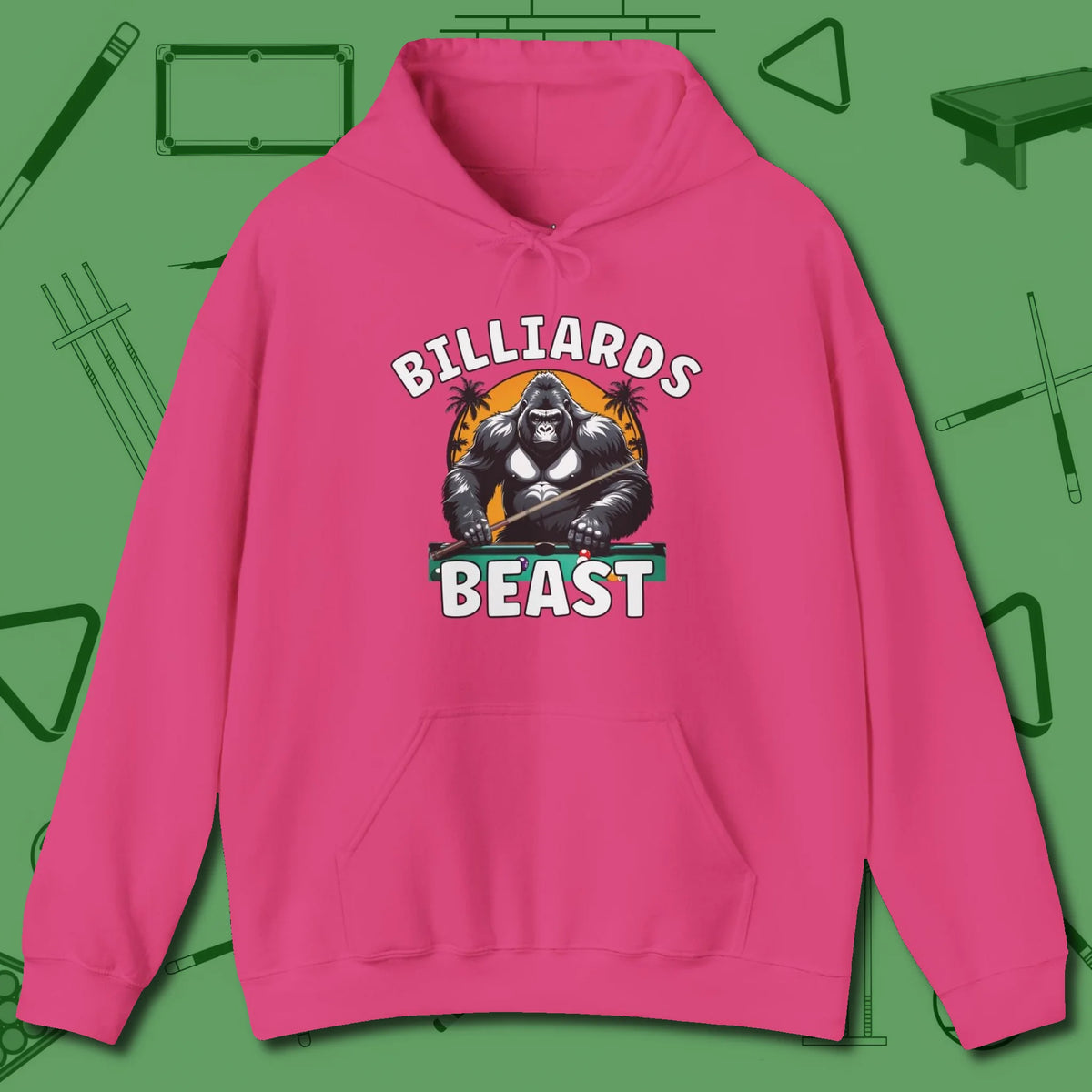 Billiards Beast Hoodie, front view, in Heliconia cool enough for a corner pocket finish