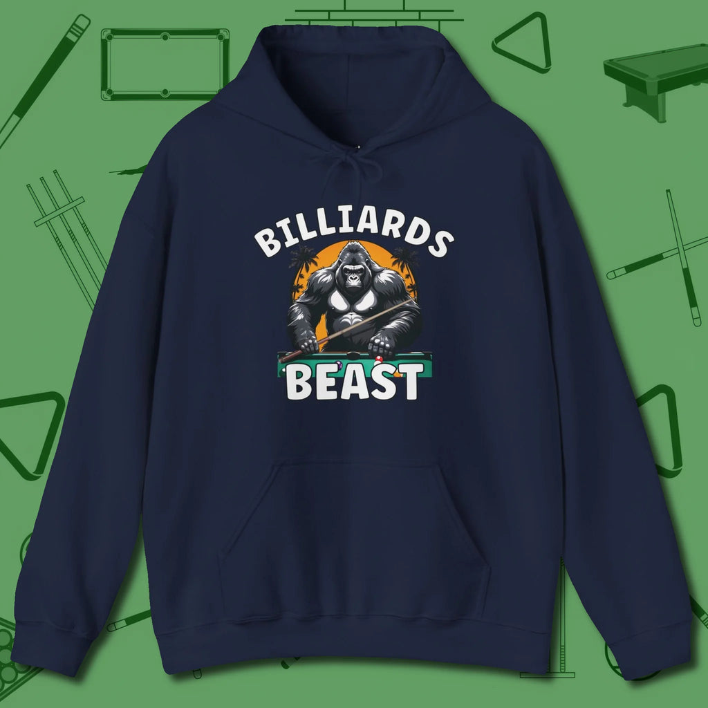 Billiards Beast Hoodie, front view, in Navy perfect for players with quiet fire