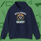 Billiards Beast Hoodie, front view, in Navy perfect for players with quiet fire