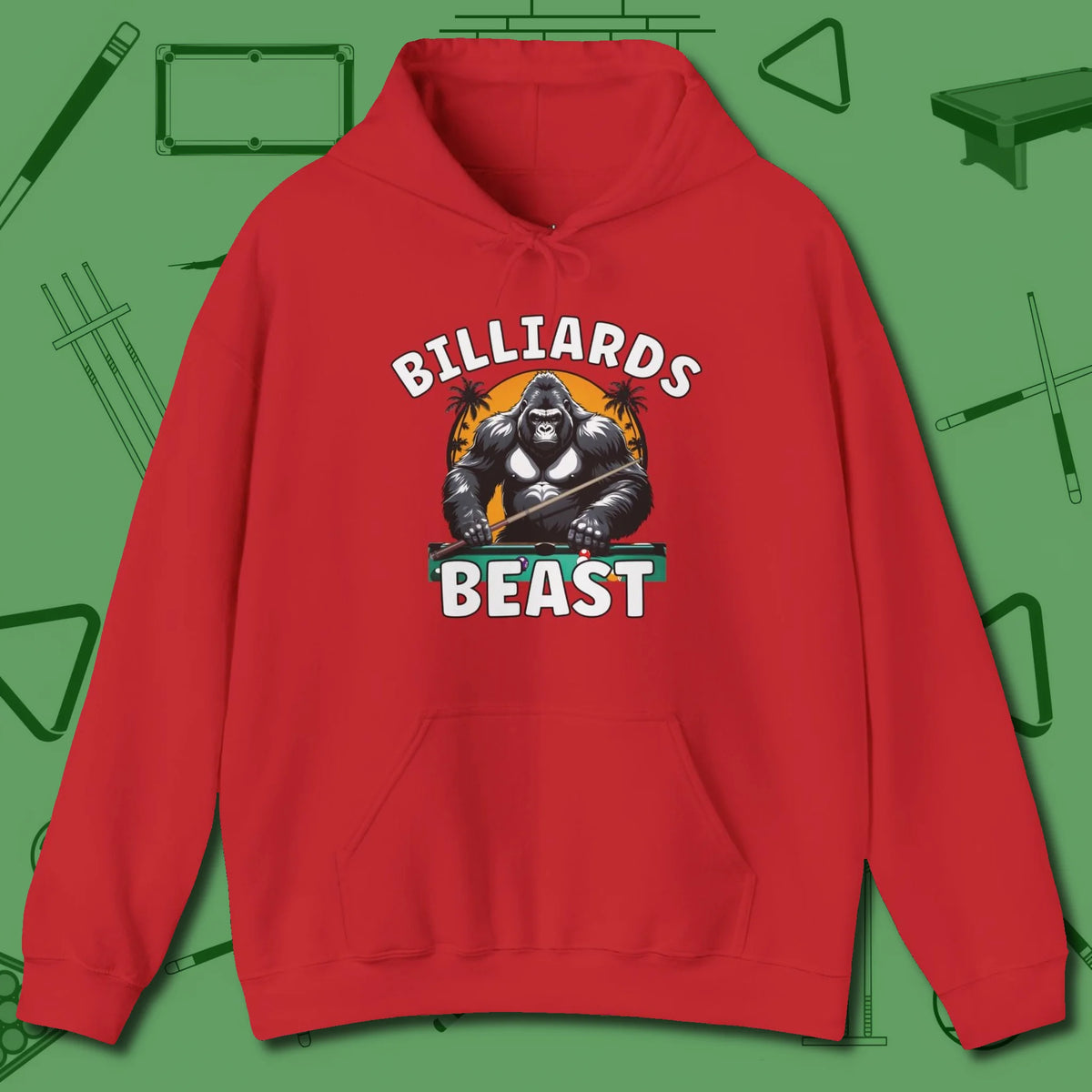 Billiards Beast Hoodie, front view, in Red from chalk to clutch, look the part