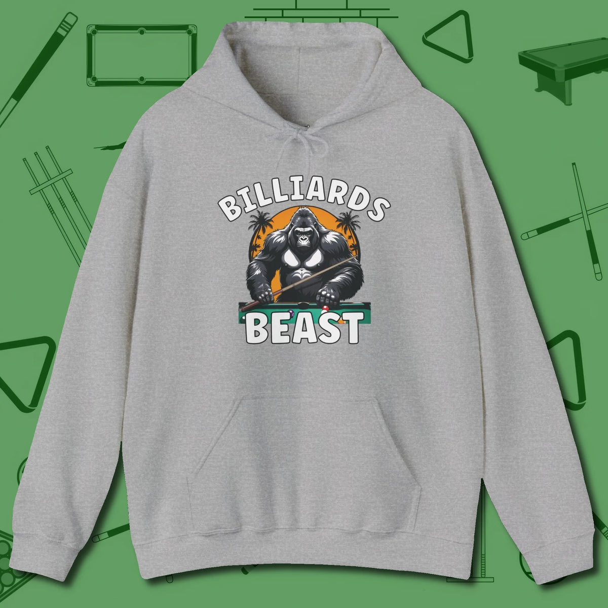 Billiards Beast Hoodie, front view, in Sport Grey strike fear with swagger and precision