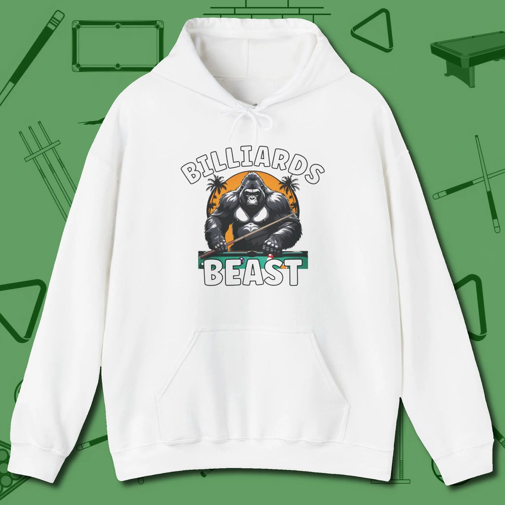 Billiards Beast Hoodie, front view, in White because you don’t just play — you represent