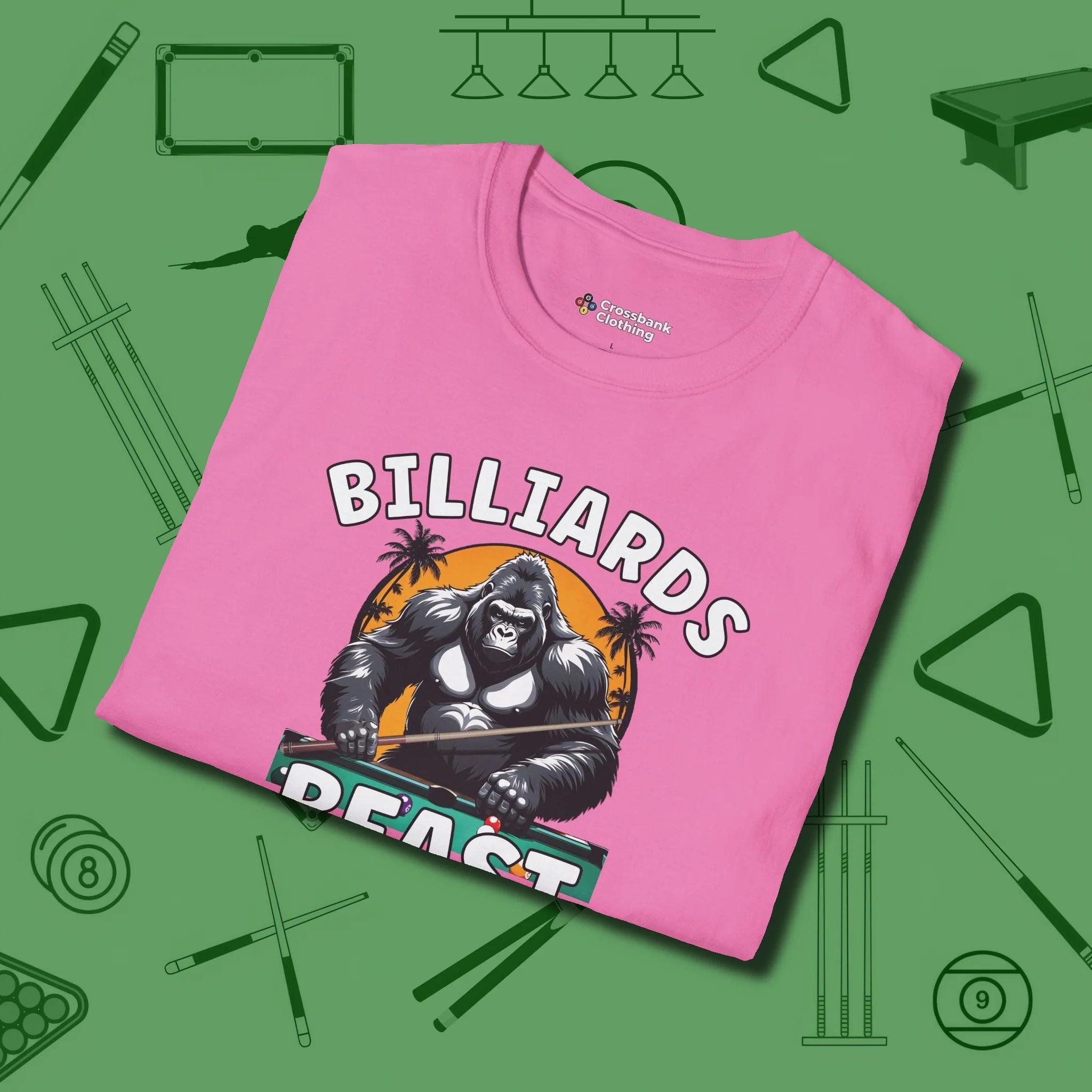 Billiards Beast T-Shirt, folded view, in Azalea as serious as your stroke