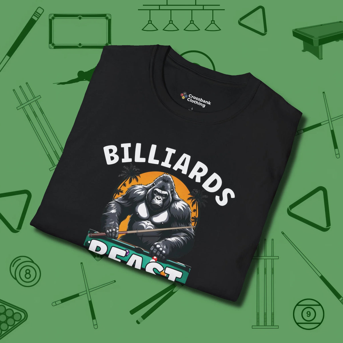 Billiards Beast T-Shirt, folded view, in Black fashion with break-and-run energy