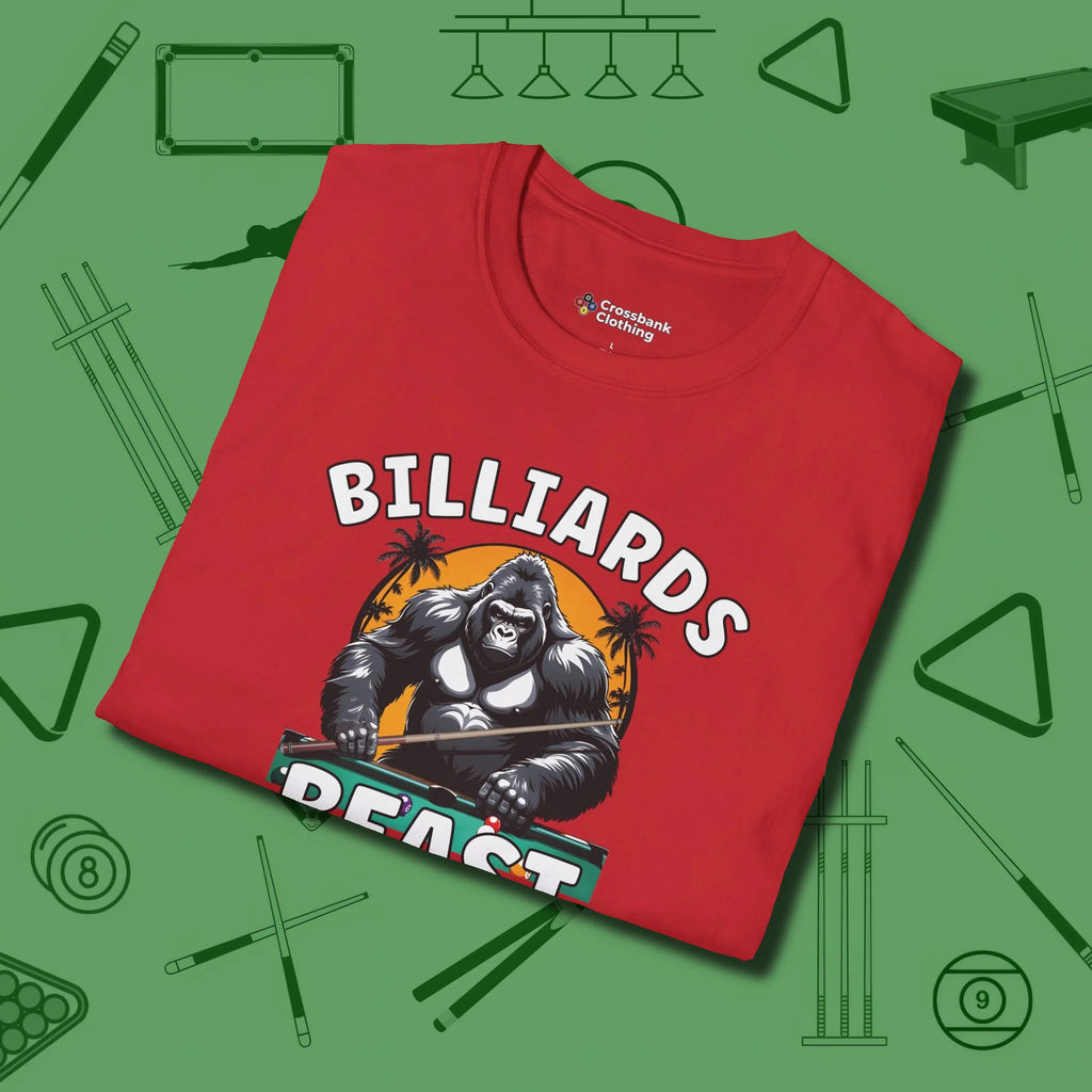 Billiards Beast T-Shirt, folded view, in Red where style and cue discipline collide