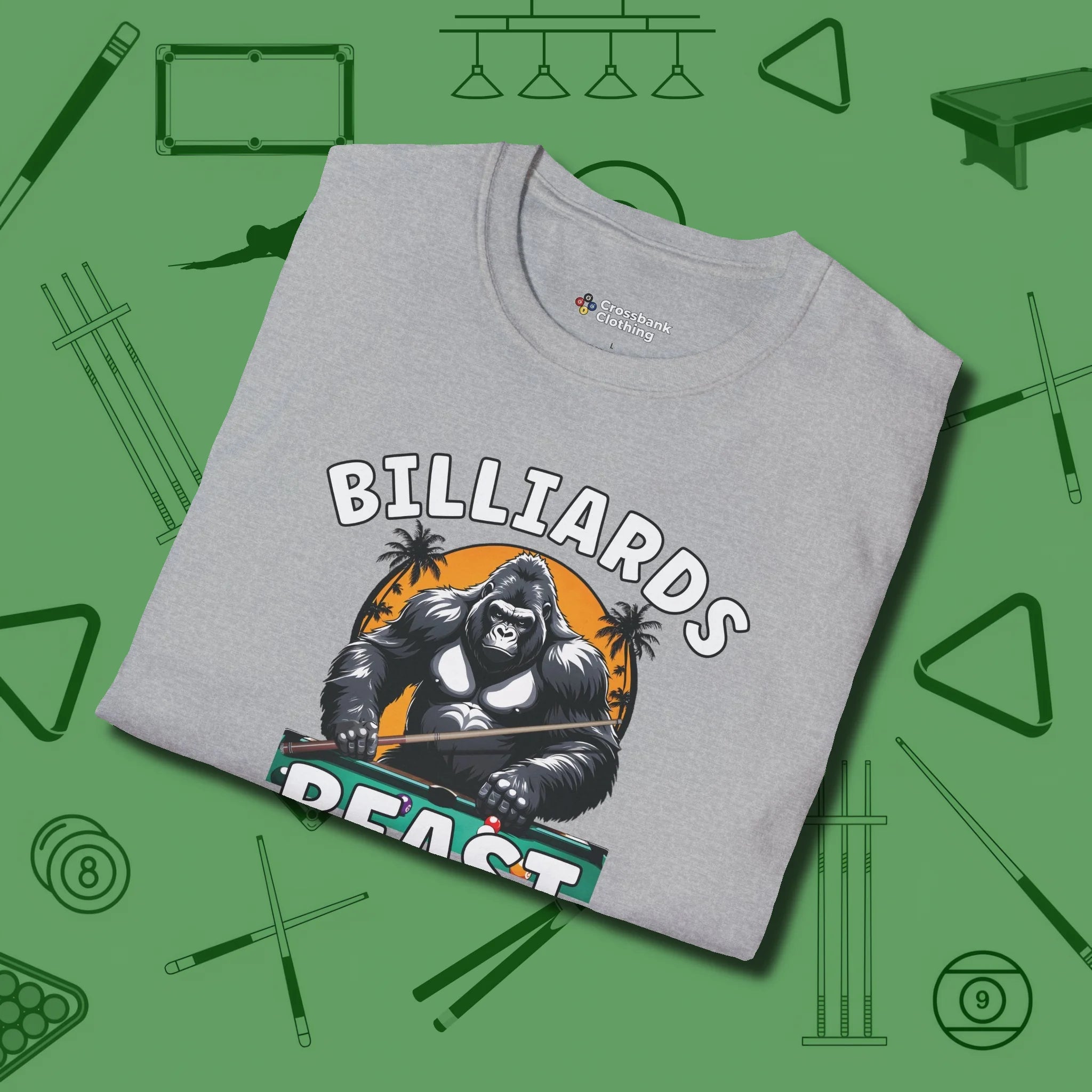 Billiards Beast T-Shirt, folded view, in Sport Grey not your average 8-ball graphic tee