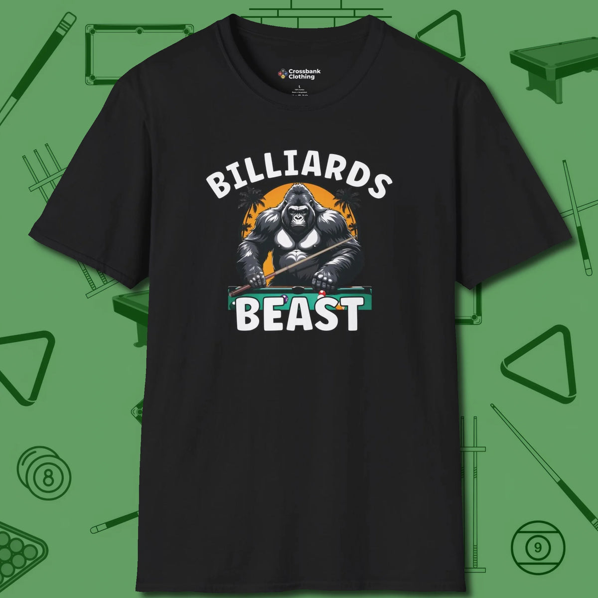 Billiards Beast T-Shirt, front view, in Black as serious as your stroke