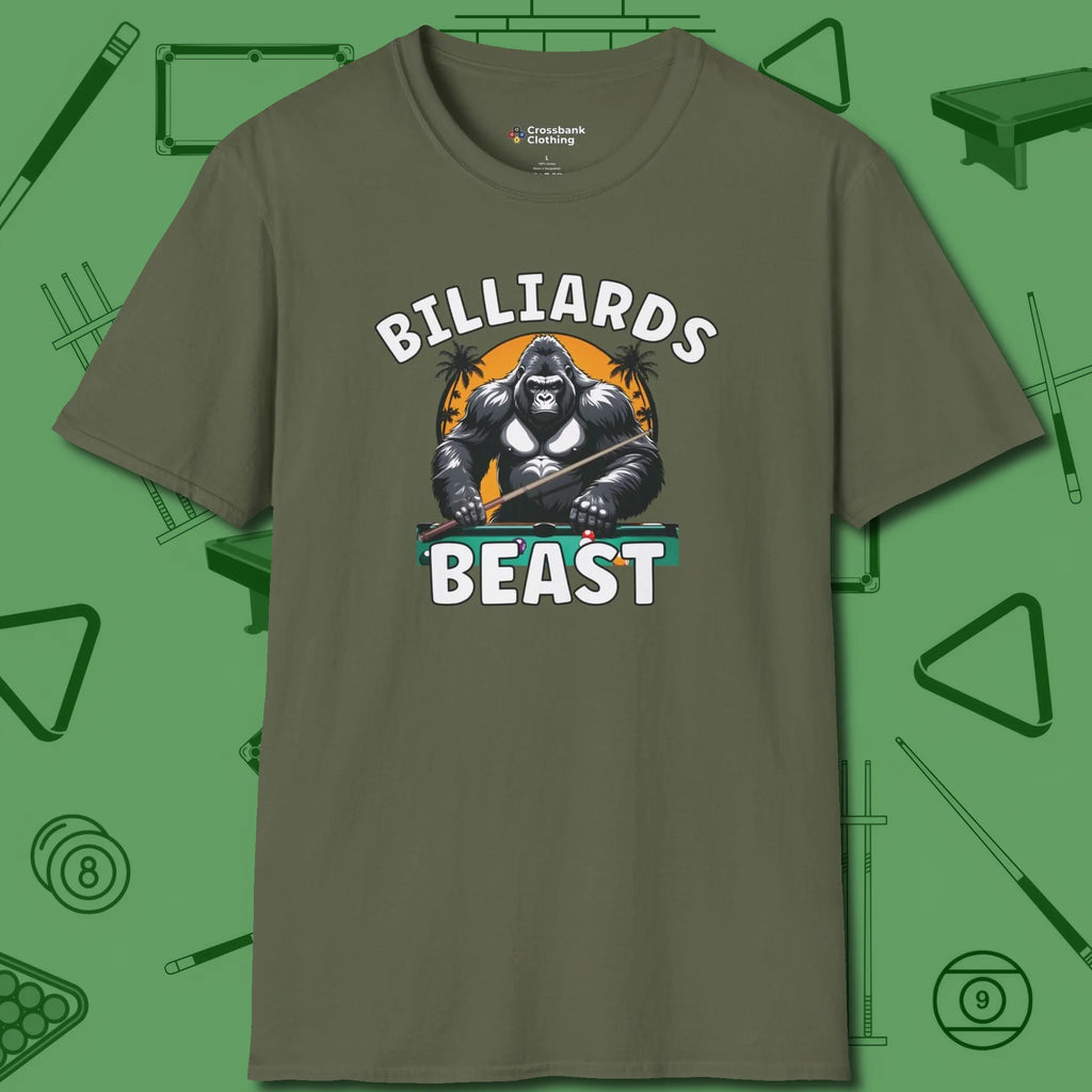 Billiards Beast T-Shirt, front view, in Military Green fashion with break-and-run energy
