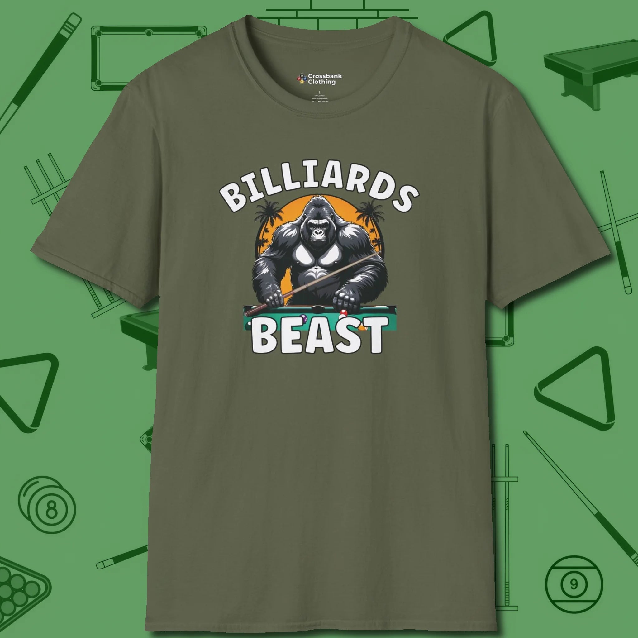 Billiards Beast T-Shirt, front view, in Military Green fashion with break-and-run energy