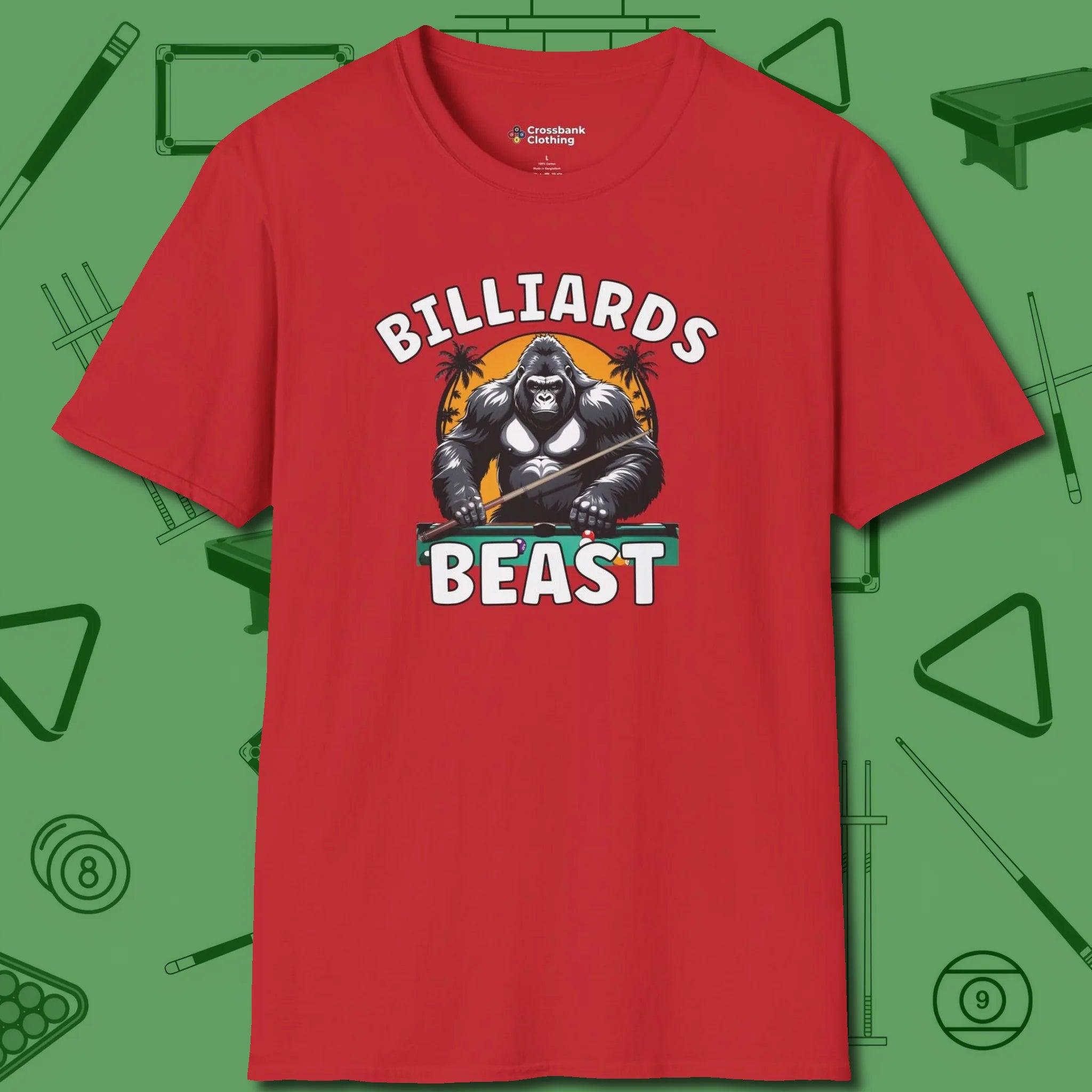 Billiards Beast T-Shirt, front view, in Red a clean fit for the dirtiest safeties