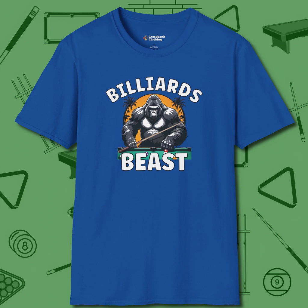 Billiards Beast T-Shirt, front view, in Royal stitched for cue discipline and cool confidence