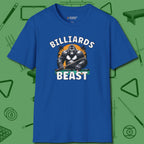 Billiards Beast T-Shirt, front view, in Royal stitched for cue discipline and cool confidence