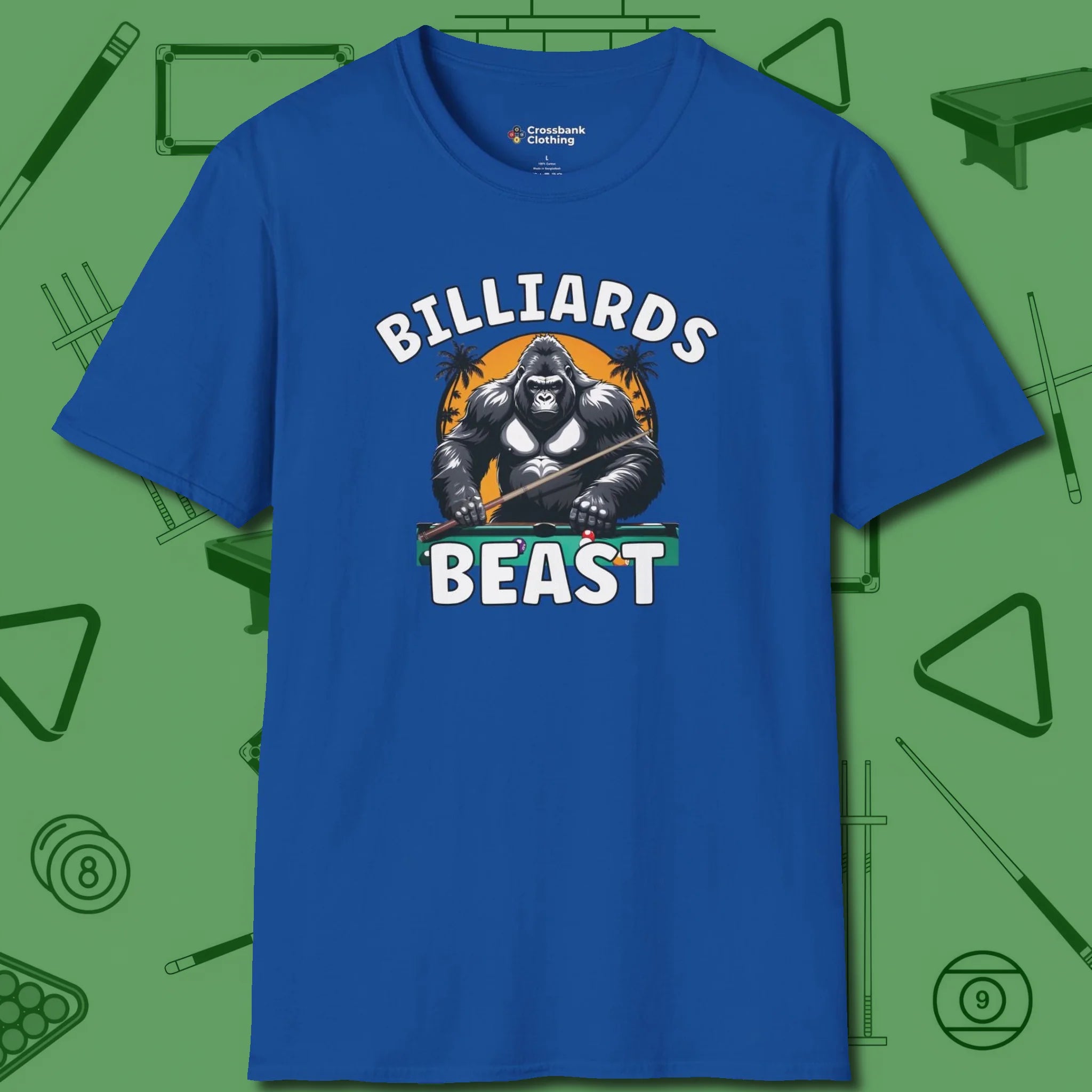 Billiards Beast T-Shirt, front view, in Royal stitched for cue discipline and cool confidence