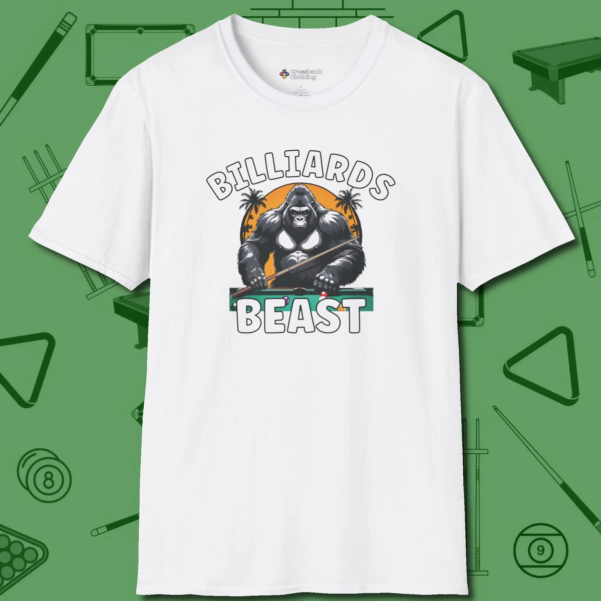 Billiards Beast T-Shirt, front view, in White where style and cue discipline collide