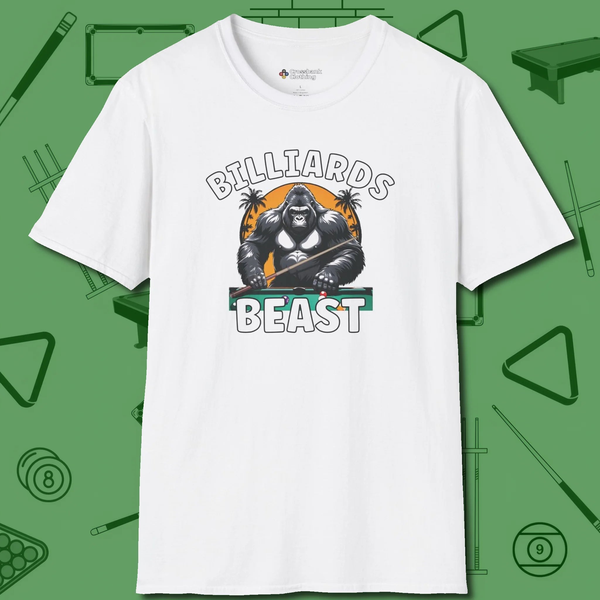 Billiards Beast T-Shirt, front view, in White where style and cue discipline collide